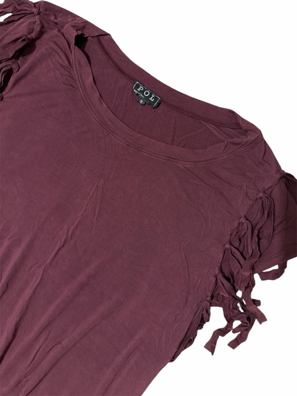 POL Burgundy Short Sleeve Top with Fringe-Tie Sleeves